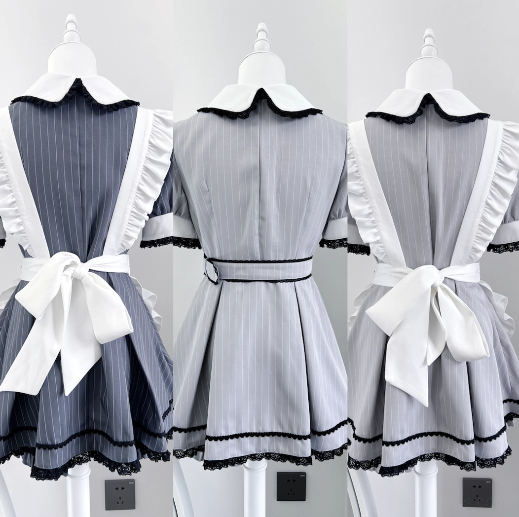 Maid Jirai Kei dress lace trim collar ruffles striped pattern detachable components