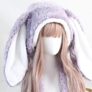 Mallow purple Jirai Kei rabbit ear plush hooded hat with white trim and inner ear details worn on mannequin with pink wig close-up front view