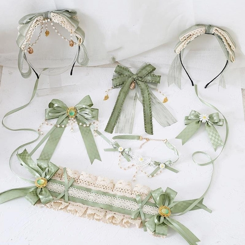 Matcha green Jirai Kei complete accessory collection set display featuring multiple coordinating pieces including chokers, hair clips, headbands, and brooches in romantic alternative style
