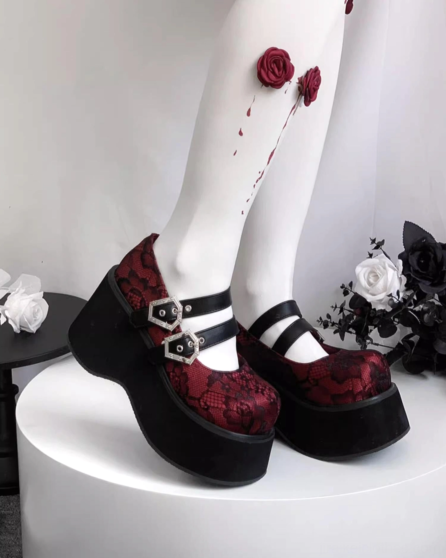 Gothic platform Mary Jane shoes matte black upper dual hexagonal buckles thick platform sole construction and silhouette profile