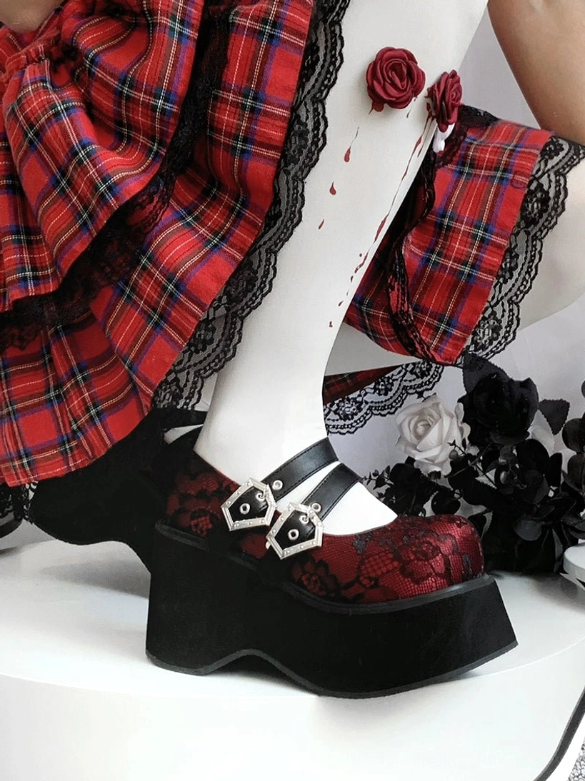 Black matte Mary Jane platform shoes with sleek minimalist finish dual silver buckles thick wedge sole and dark red custom lining visible