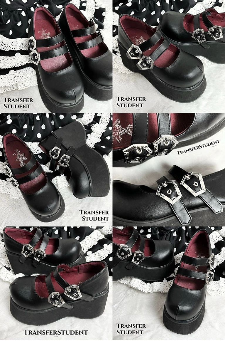 Black matte Mary Jane platform shoes three-quarter angle view showing thick platform sole dual buckes round toe and gothic silhouette