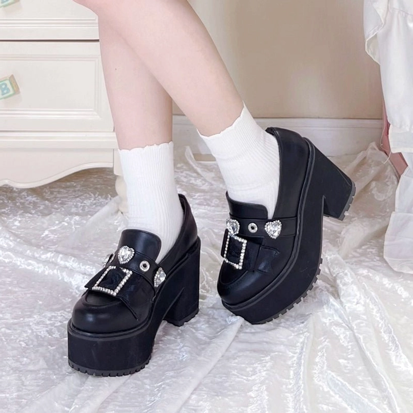 Matte black Jirai Kei platform loafers full product shot showing overall silhouette and proportions