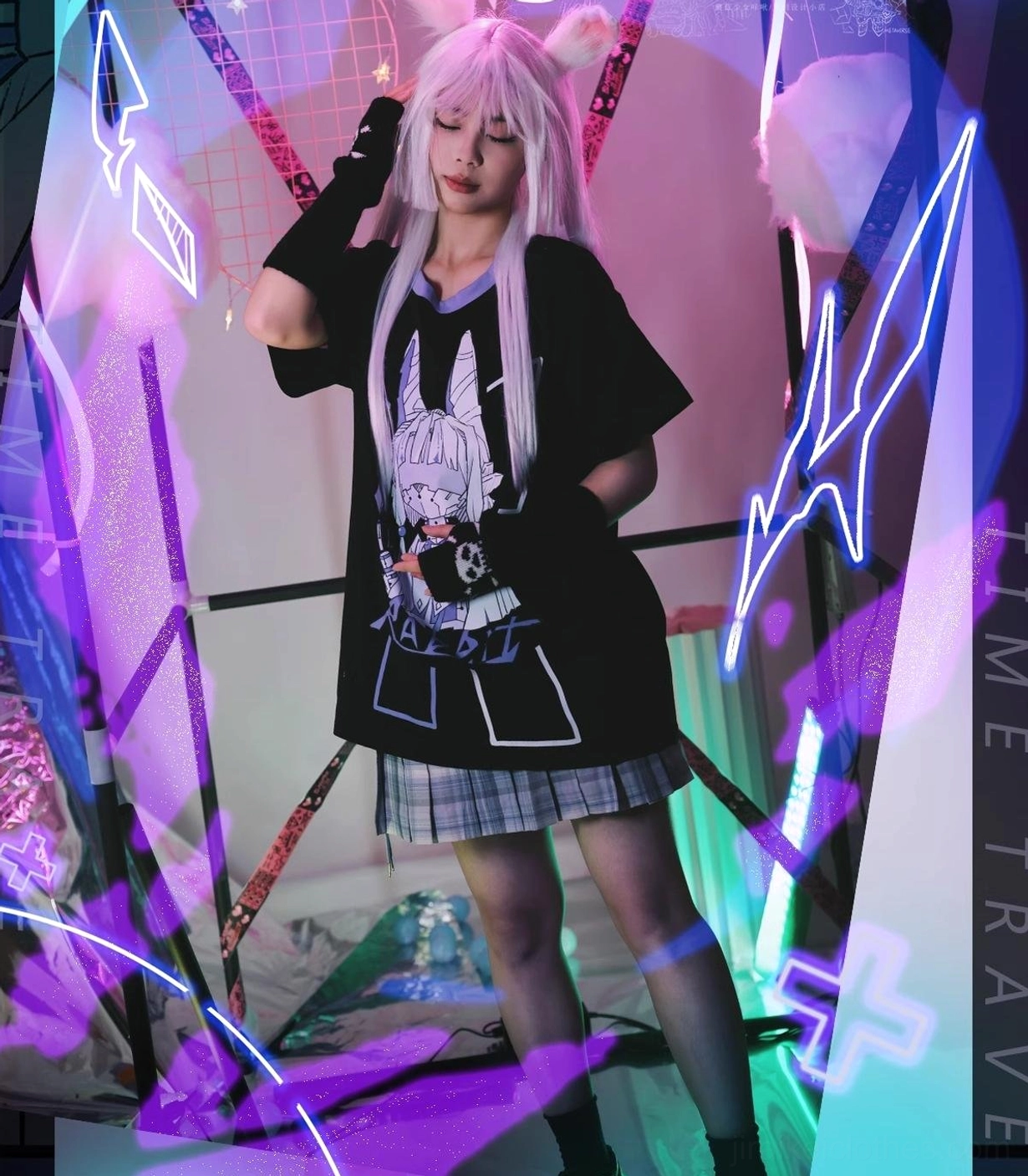Mechanical rabbit print black tee with violet plaid pleated skirt full side view model with white long hair and rabbit ear hairpins purple neon