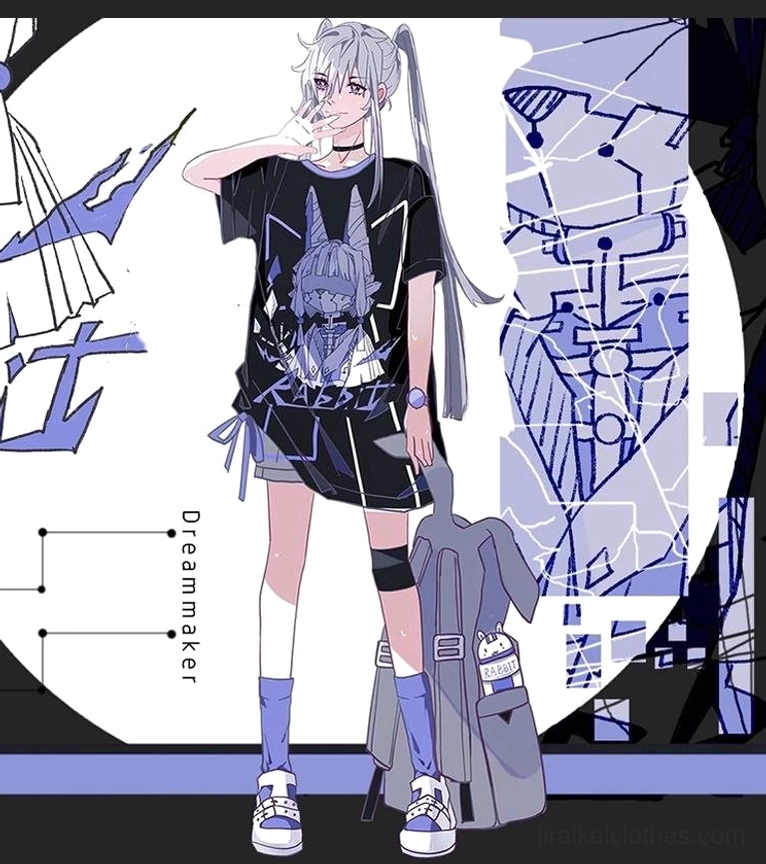 Mechanical rabbit anime character illustration on black oversized tee with purple accent lines cyber tech art backdrop flat lay design view
