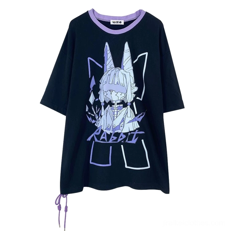 Mechanical rabbit oversized t-shirt flat lay top view white background purple crew neck front print drawstring hem detail black cotton tee