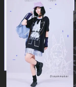 Mechanical rabbit print oversized tee and violet pleated skirt three-quarter side angle view with model wearing light blue tote and striped wrist sleeves