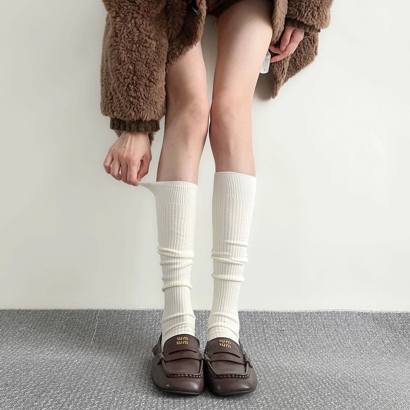 Milky white calf-length ribbed socks Jirai Kei aesthetic coordinate styling details close-up