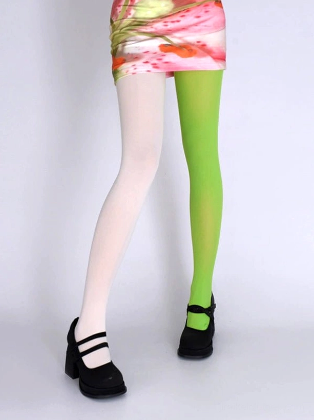 White and neon green split velvet pantyhose bright color contrast with mini floral skirt mary jane shoes
