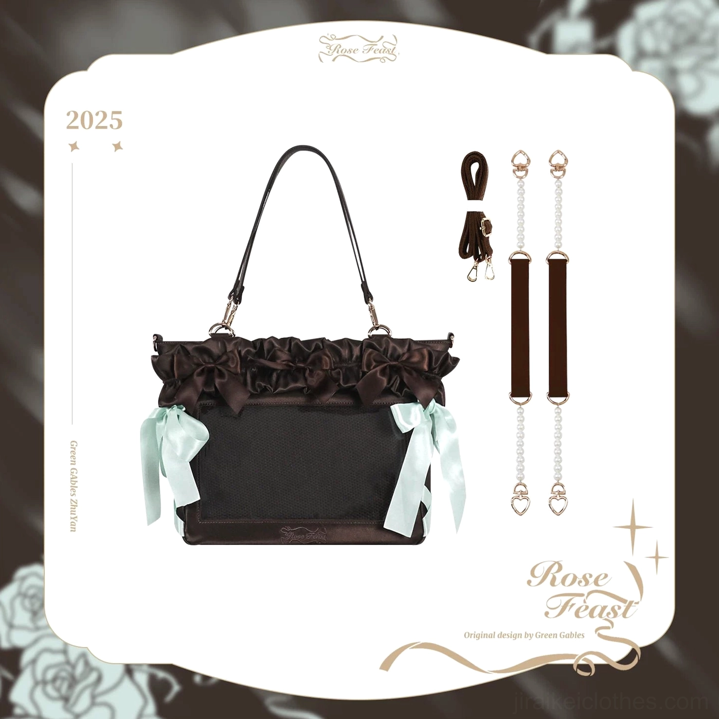 Mint chocolate Jirai Kei itabag color variant seafoam and chocolate brown tones with decorative bows and transparent character collection window