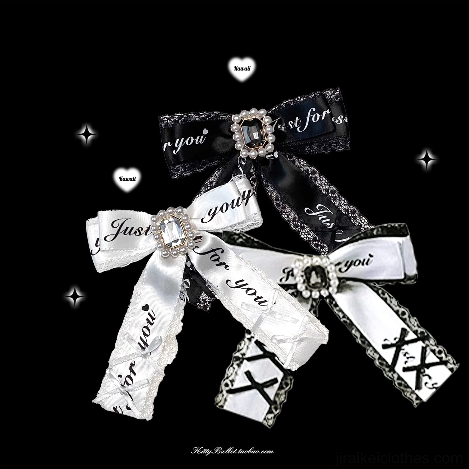 mixed ribbon bow brooch set jirai kei varied styles gem centers cross motifs flat lay