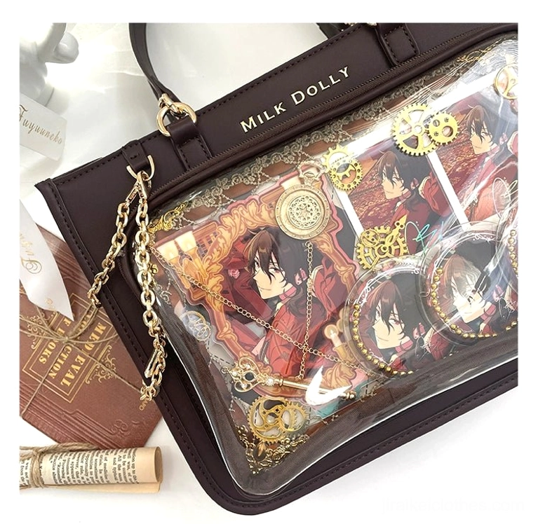 Checkered jirai kei ita bag monochromatic badge collection display showing cohesive aesthetic arrangement