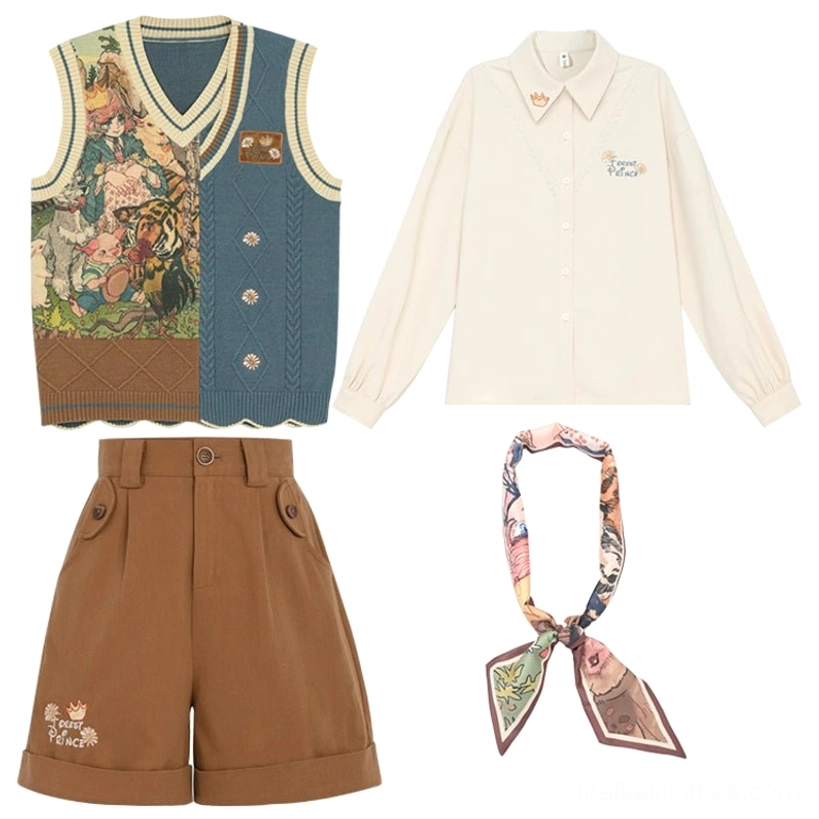Mori kei academy outfit set complete ensemble showing all components beige blouse brown shorts vest scarf together