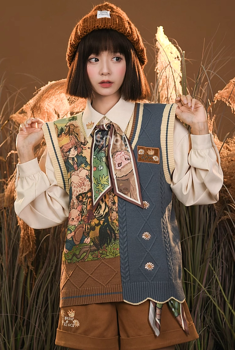 Half-body front portrait of mori kei academy set with hand adjusting asymmetrical vest collar showing detailed embroidery and wavy hemline