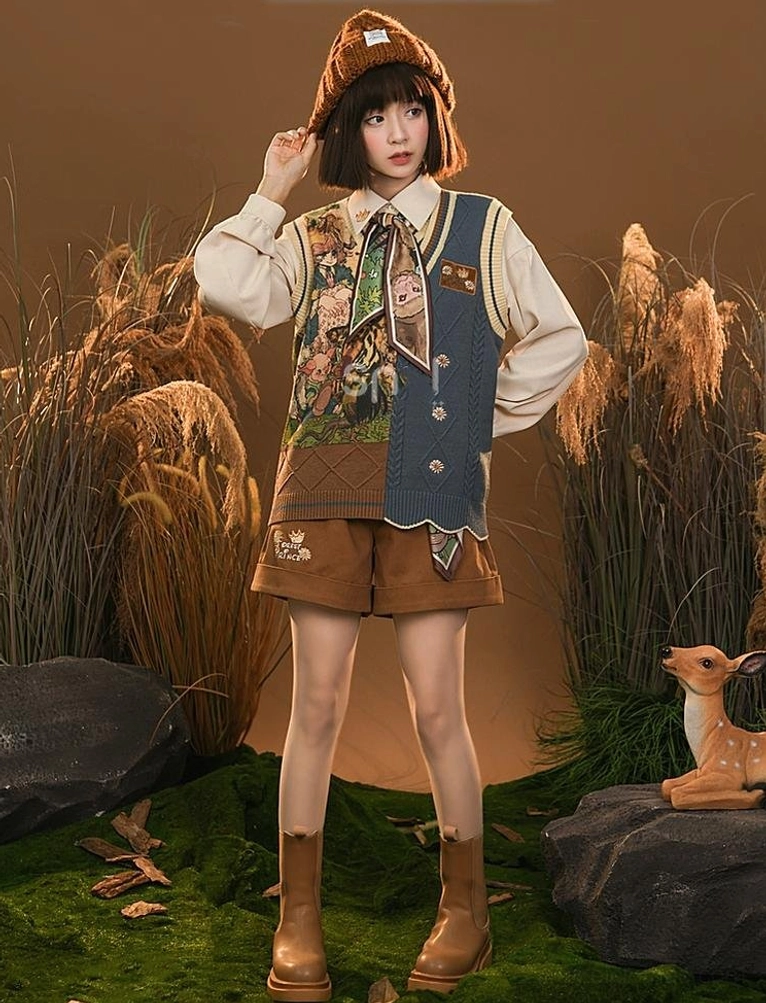 Full-body front portrait of vintage mori kei academy set with knitted bucket hat in relaxed pose surrounded by reed and grass nature backdrop