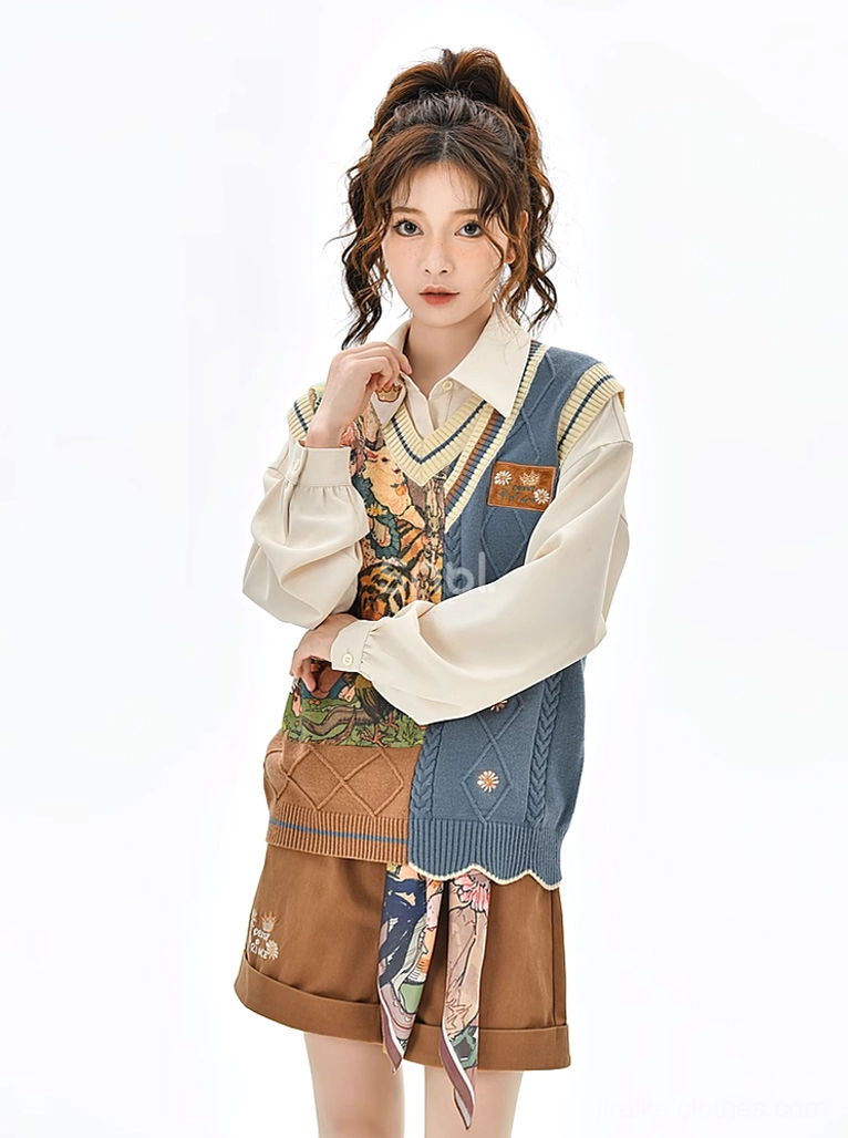Half-body front portrait of mori kei academy set featuring tied silk neck scarf and cropped brown shorts with embroidered details