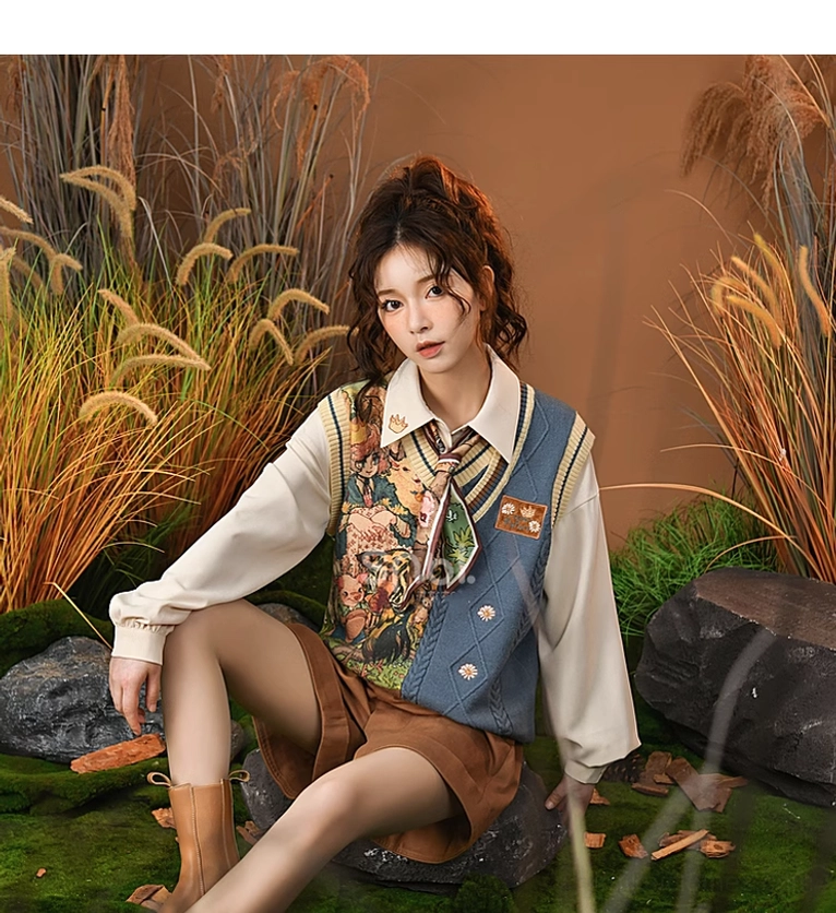 Detailed close-up of mori kei asymmetrical knit vest showing illustration print, embroidery work, and irregular hemline construction