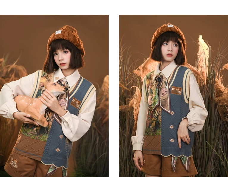 Mori kei asymmetrical vest with printed illustration artwork and embroidery embellishments on model display