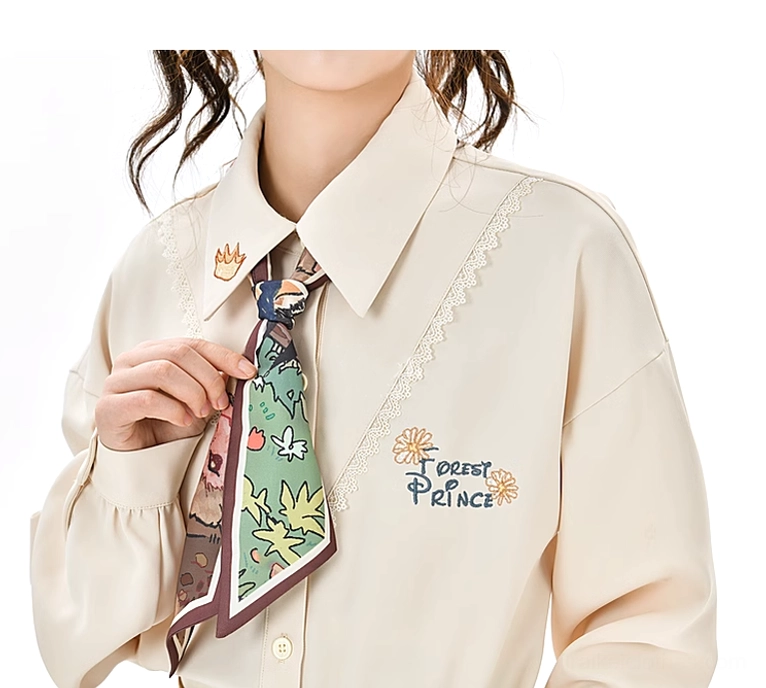 Mori kei beige shirt and silk neck scarf variant showing standalone pairing and minimalist aesthetic option