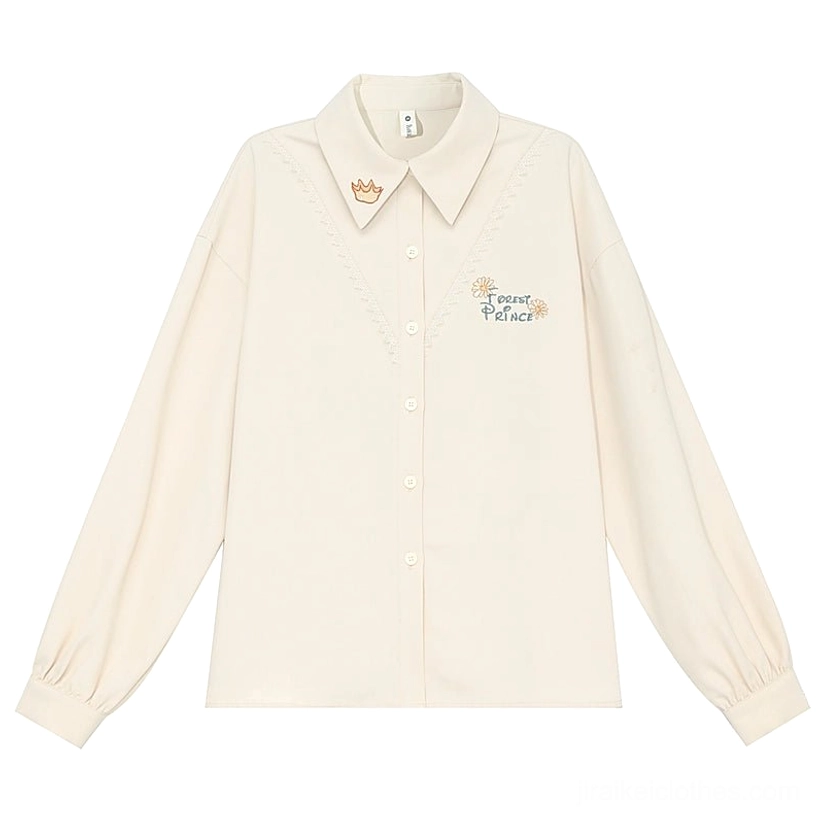 Mori kei beige shirt variant featuring embroidery and lace details shown as standalone styling option