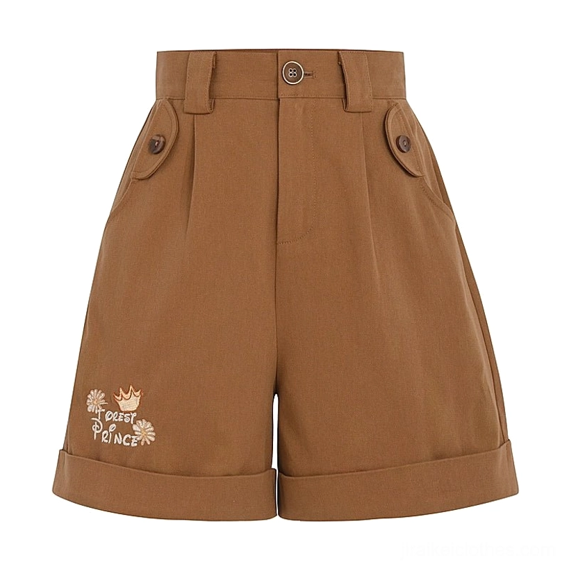 Mori kei brown shorts-only standalone variant showing embroidered accents and tailored silhouette detail