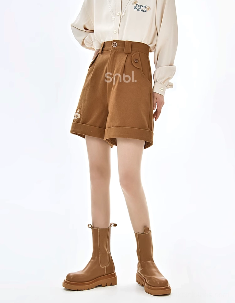 Mori kei brown shorts-only variant showing embroidered details and versatile standalone styling potential