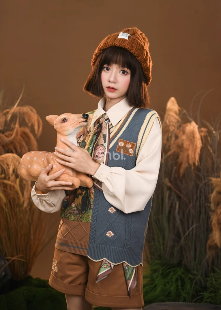 Half-body front portrait of mori kei clothing set showing formal beige embroidered blouse while holding plush deer toy in forest setting