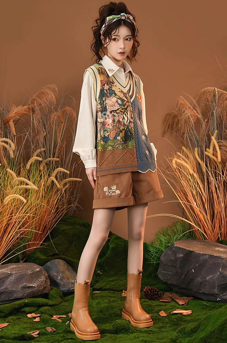 Full-body side portrait of mori kei clothing set with knitted hair accessory and brown platform boots in forest-themed studio setting with moss and reeds