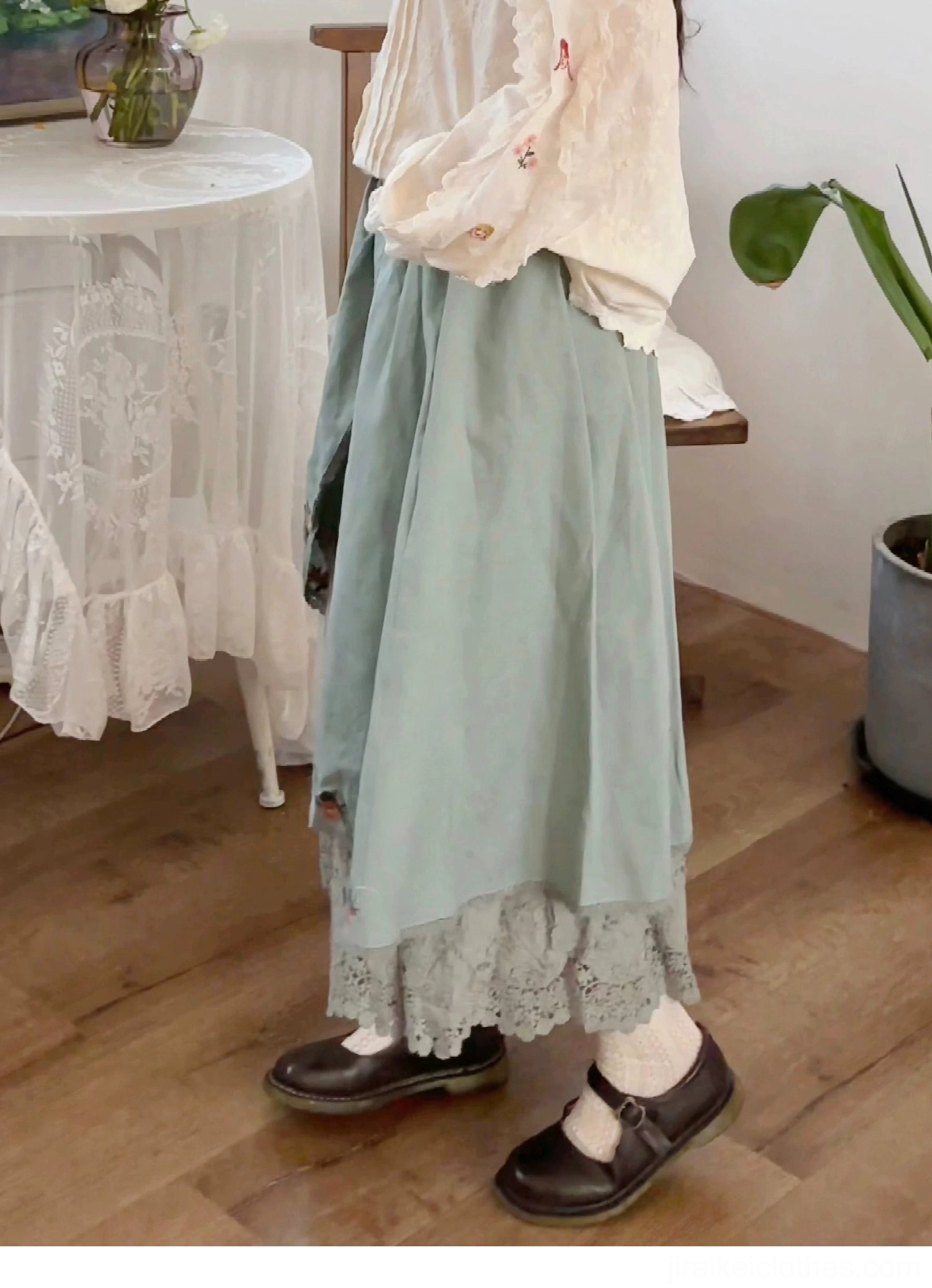 Mori style embroidered midi skirt hand-embroidered details delicate floral motifs craftsmanship