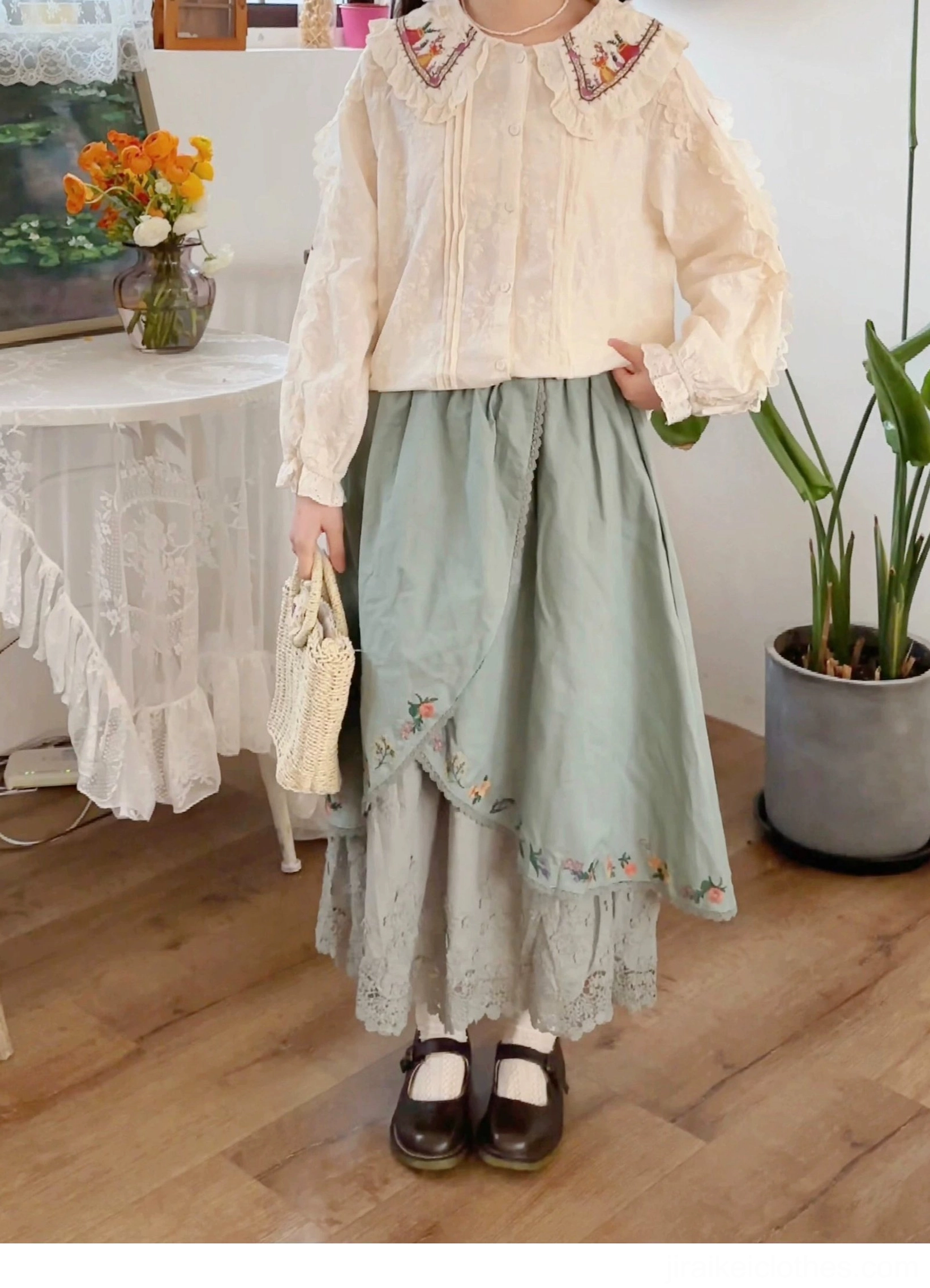 Mori style embroidered skirt beige neutral tone paired with earth tone layers vintage accessories