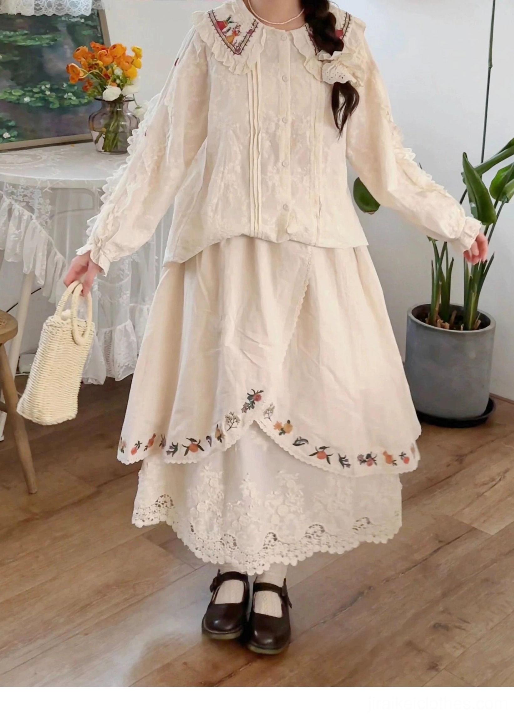 Mori kei forest style skirt styled with peter pan collar blouse and vintage accessories complete look
