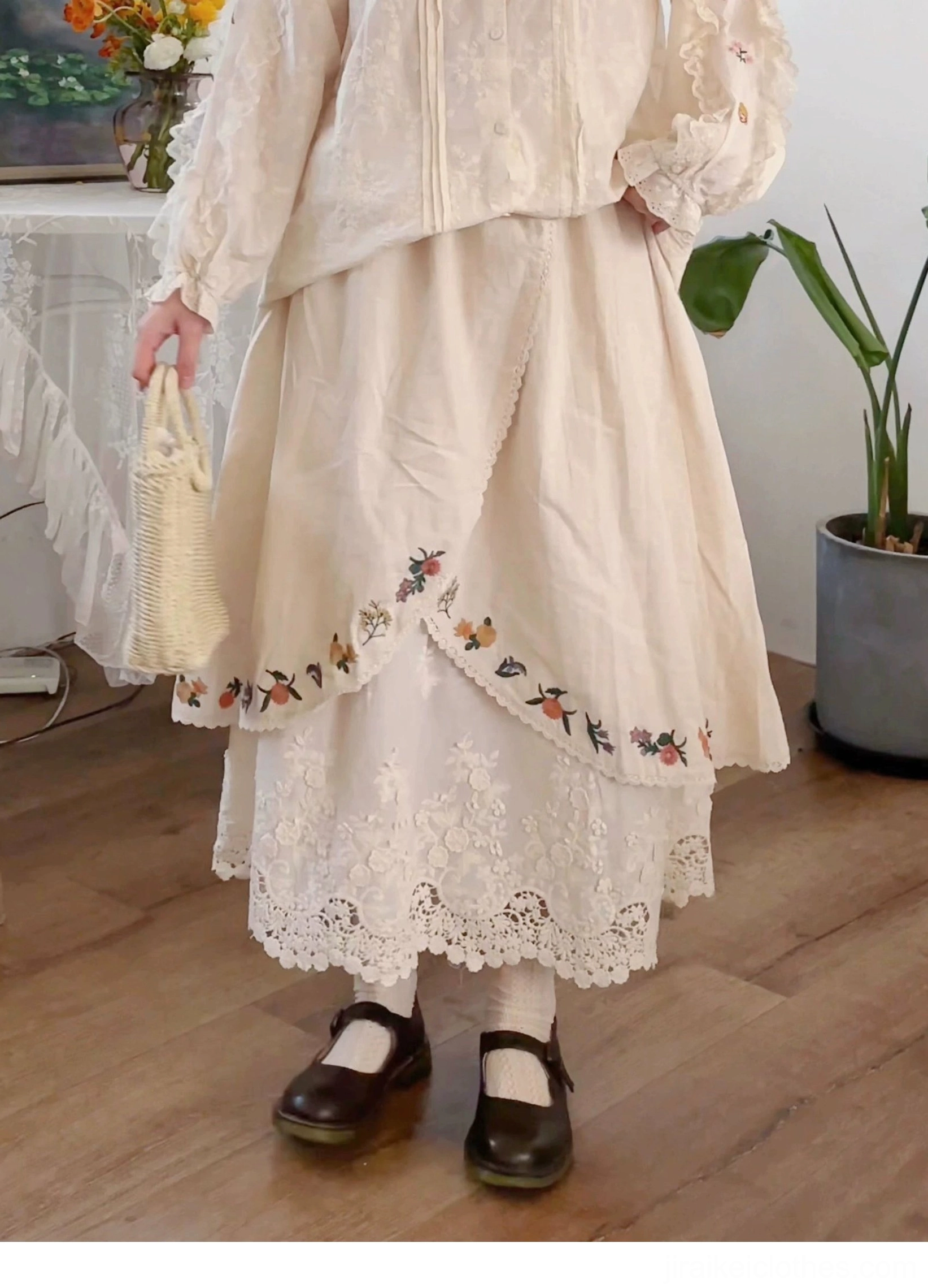 Mori style layered midi skirt off-white with floral embroidery overlay lace underlayer front lower body view