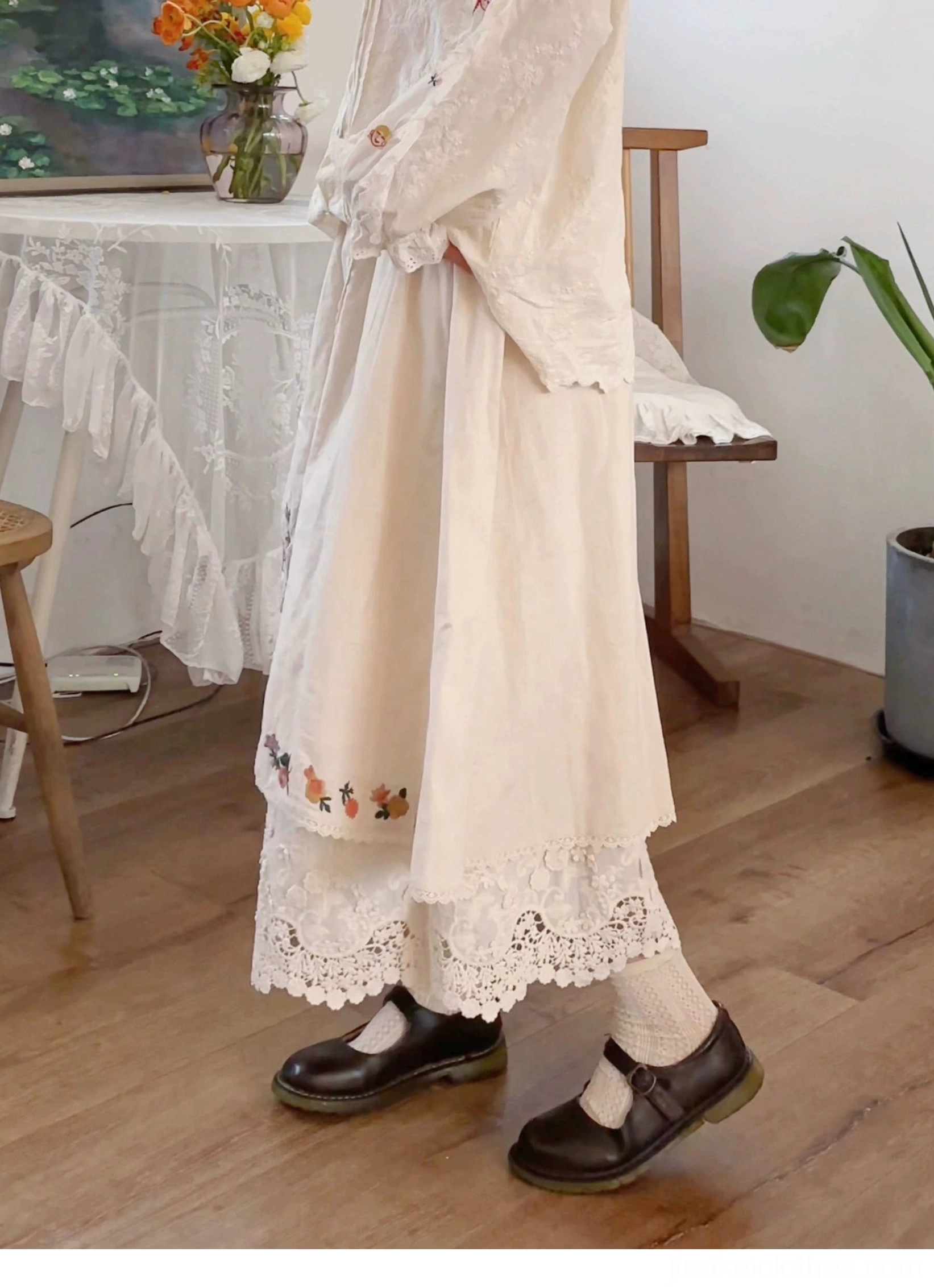 Mori style linen split skirt showing movement and drape with lace trim aesthetic detail