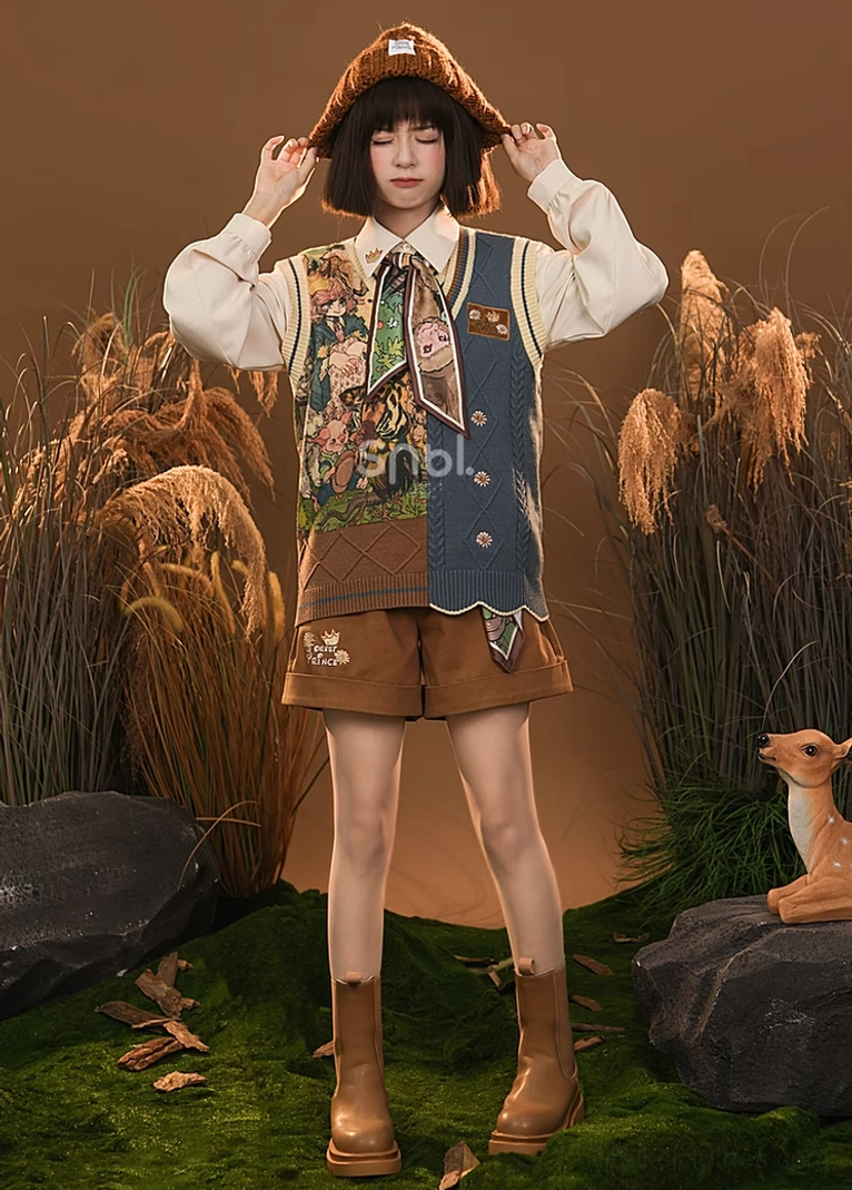 Full-body front portrait of mori kei outfit featuring knitted bucket hat, small deer decor prop, and stone grass backdrop creating woodland aesthetic
