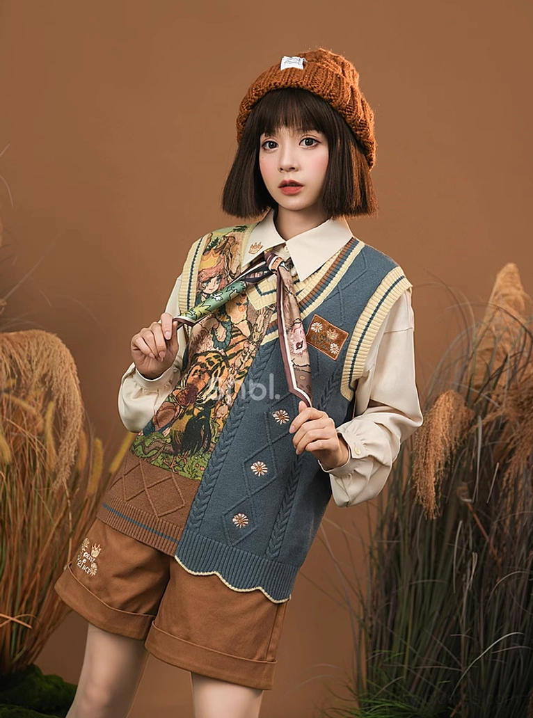 Half-body front portrait of mori kei outfit featuring knitted bucket hat and patterned silk neck scarf in forest-themed studio environment