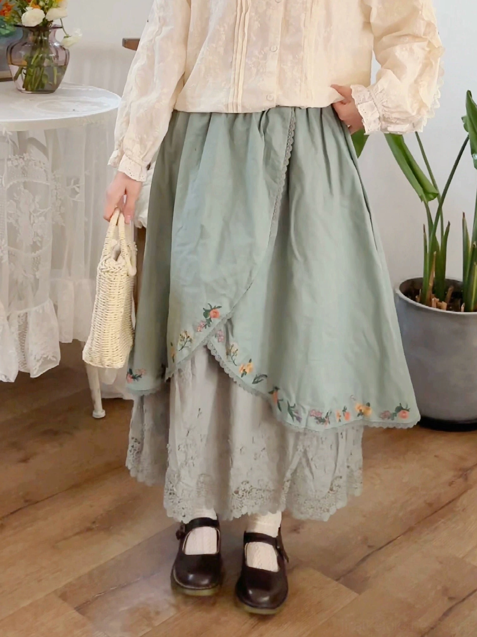 Mori kei retro two-piece outfit complete styling guide with skirt and coordinated blouse accessories