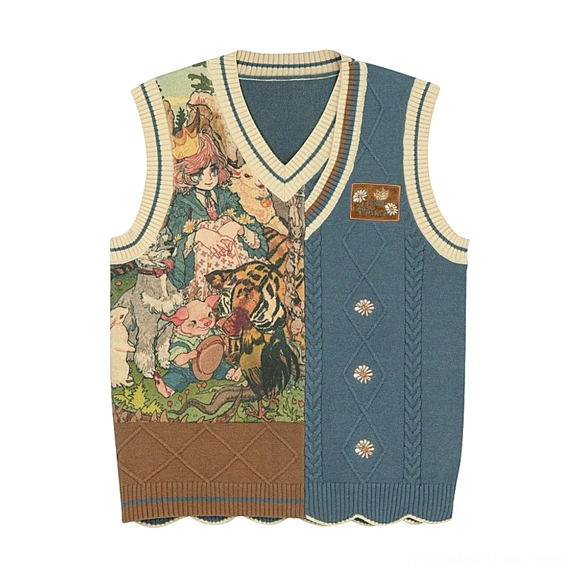 Mori kei vest-only component option featuring asymmetrical hemline embroidery and statement design focus