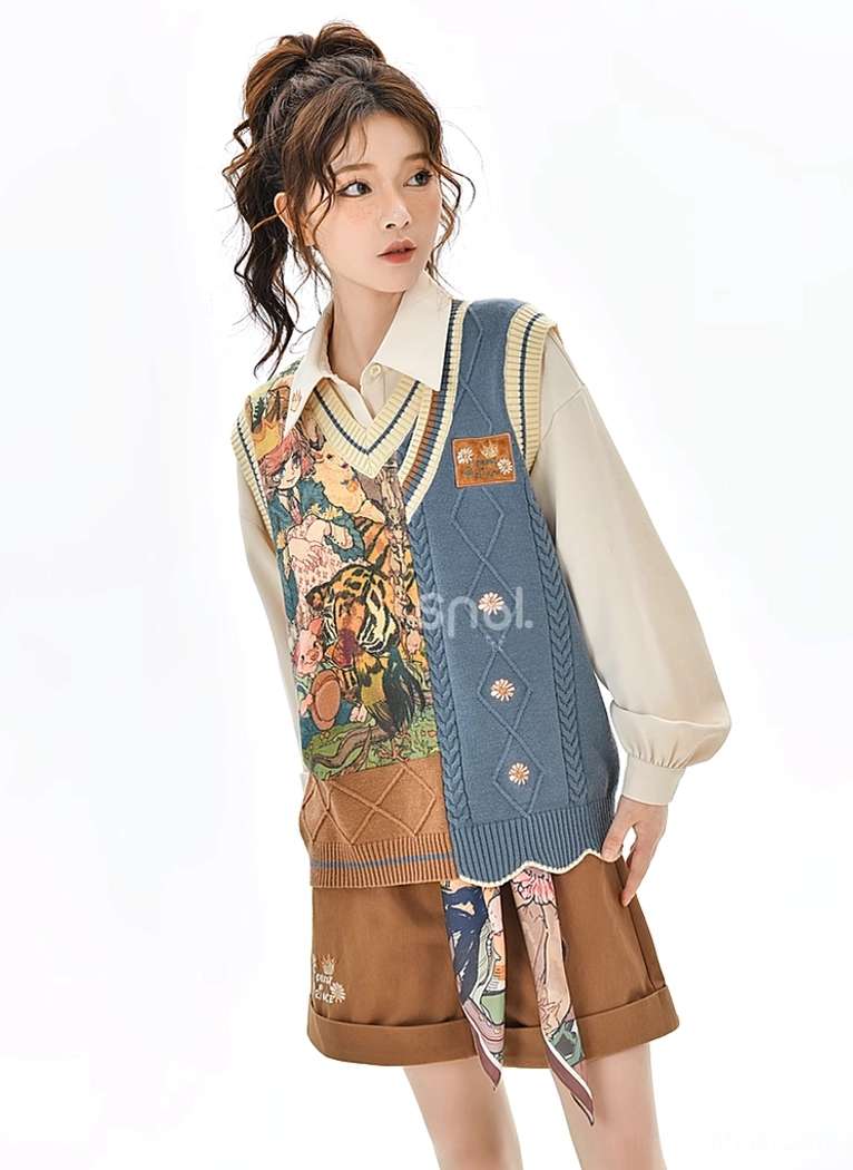 Full-body front-side angle of mori kei outfit showing hanging silk scarf on shorts and wavy asymmetrical vest hemline detail