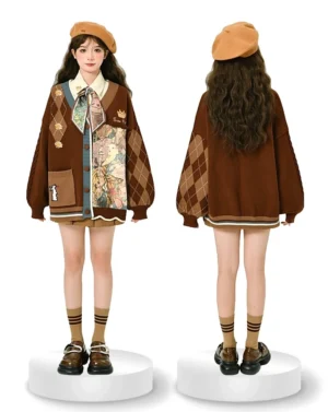 Mori Kei vintage cardigan skirt blouse three-piece set front and back full-body display with model wearing tan beret