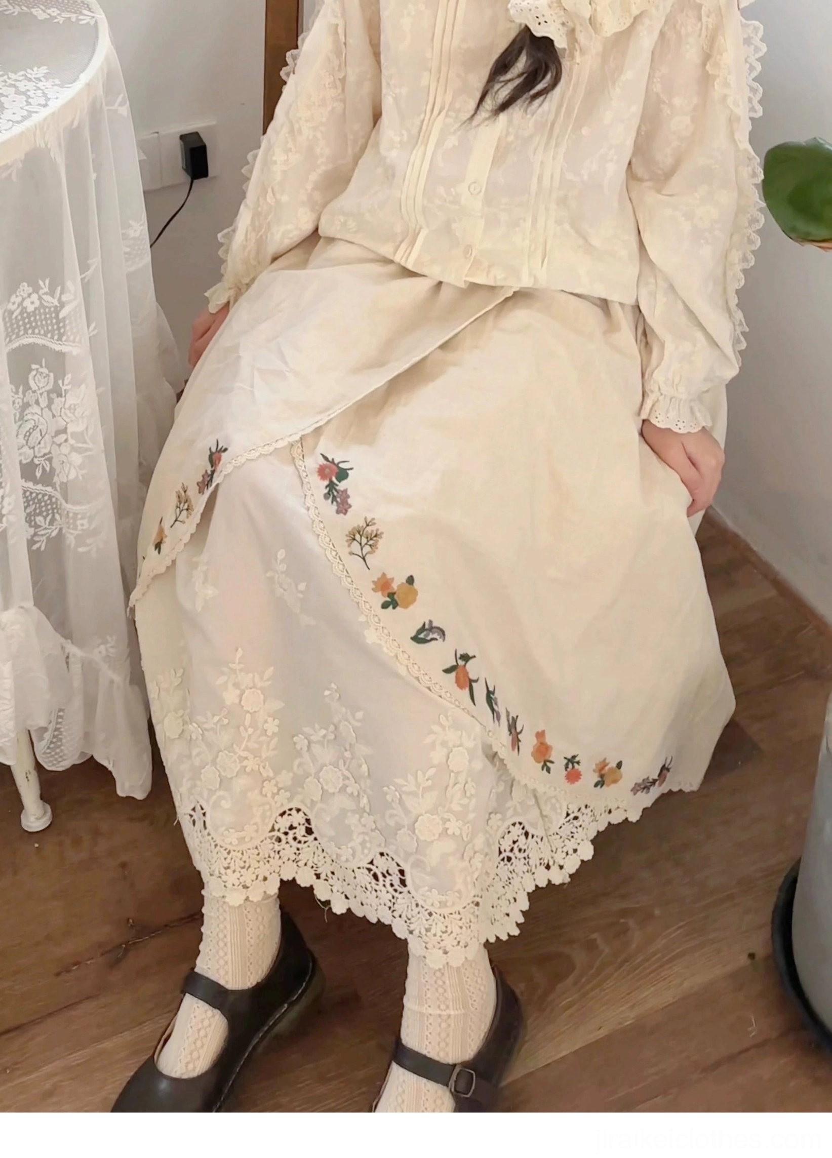 Mori style vintage inspired embroidered skirt pairing with vintage accessories complete aesthetic