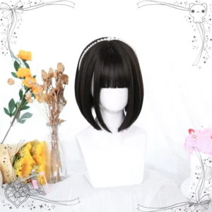 Natural black jirai kei short bob wig with blunt bangs front view on mannequin head with pearl hair hoop