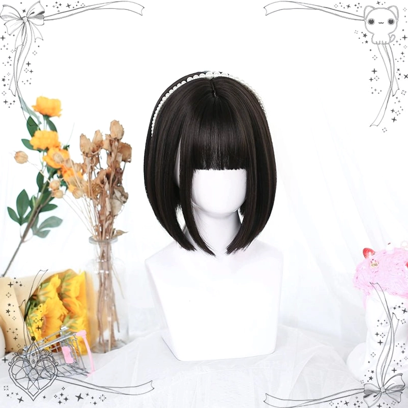 Natural black jirai kei short bob wig with blunt bangs front view on mannequin head with pearl hair hoop