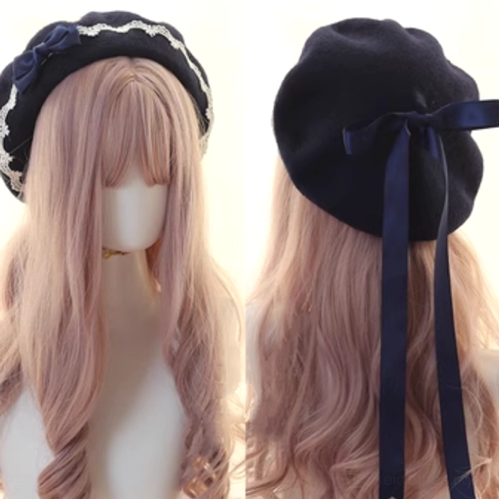 Navy blue Lolita lace butterfly beret with white lace edge and navy ribbon bow tail, displayed on brown wig mannequin front and back