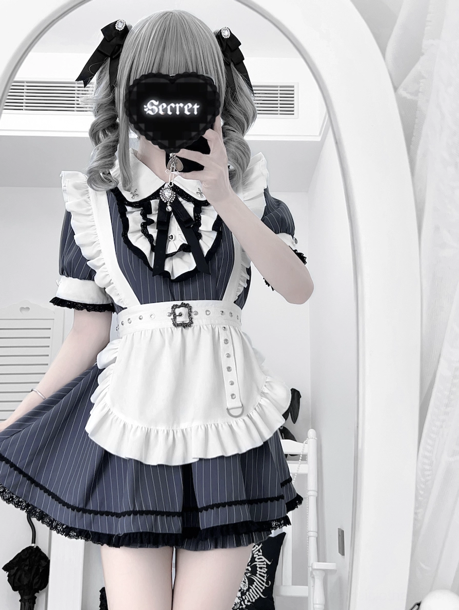Navy blue striped maid Jirai Kei dress with ruffled apron and flared skirt silhouette