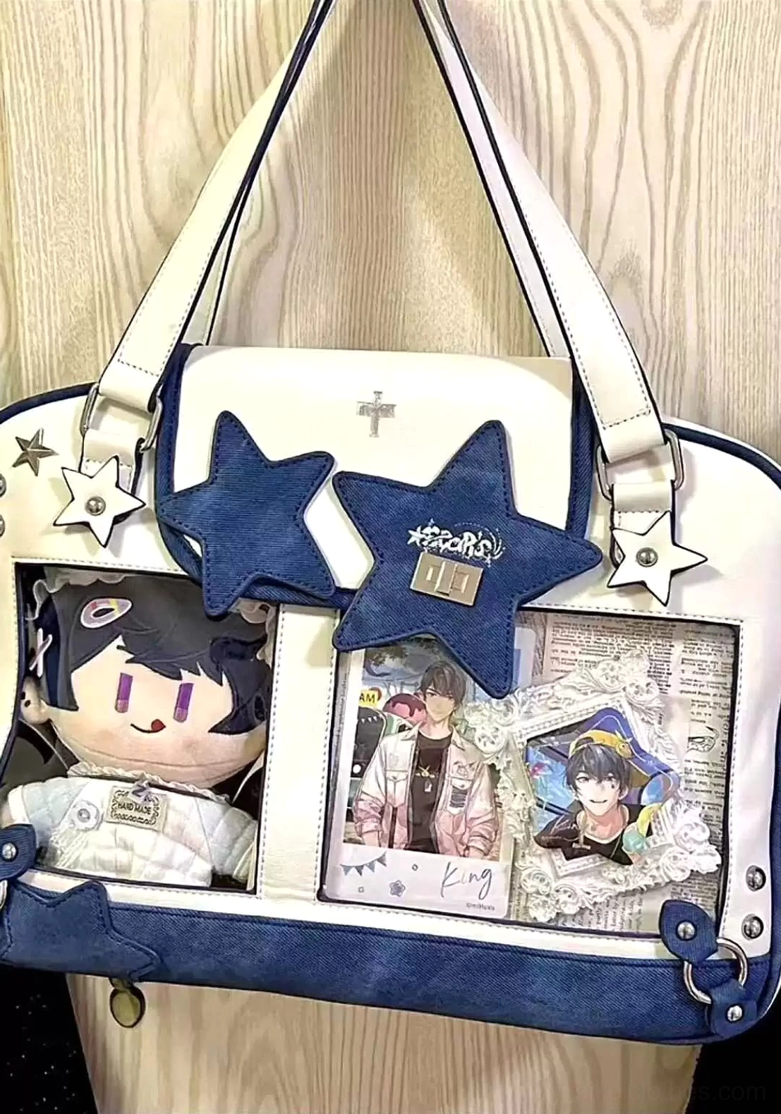 Navy blue white star Jirai Kei itabag with metal chain strap dual display compartments