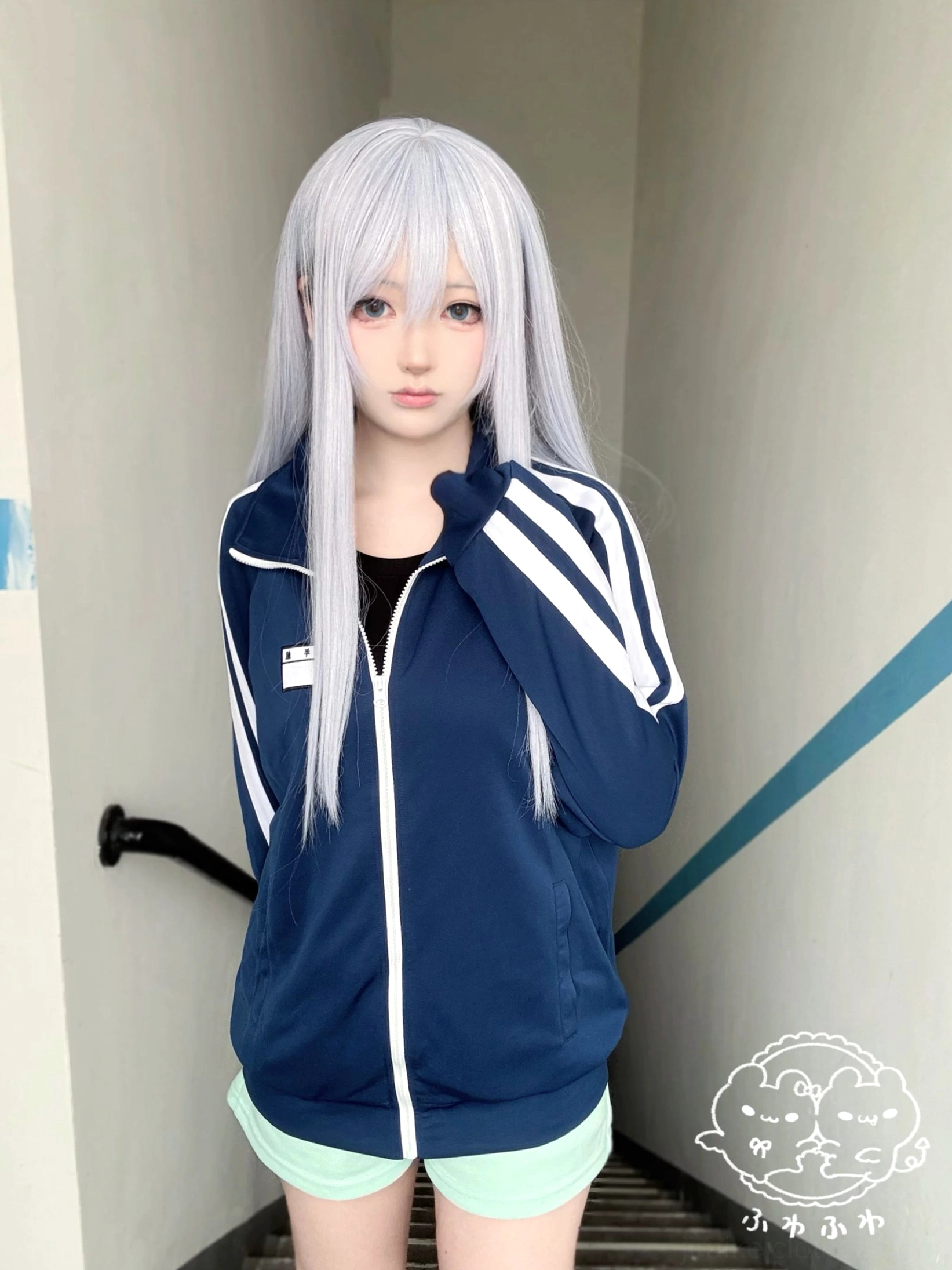 Navy Jersey Maid outfit components featuring sports jacket with white stripe accents, complete ensemble styling reference for Jirai Kei fashion, model wearing coordination with white accessories
