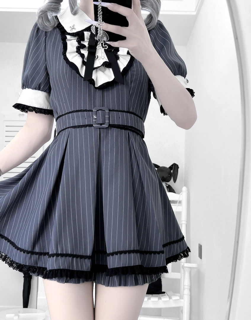 Navy pinstripe maid Jirai Kei dress with puff sleeves belted waist and lace hem detail