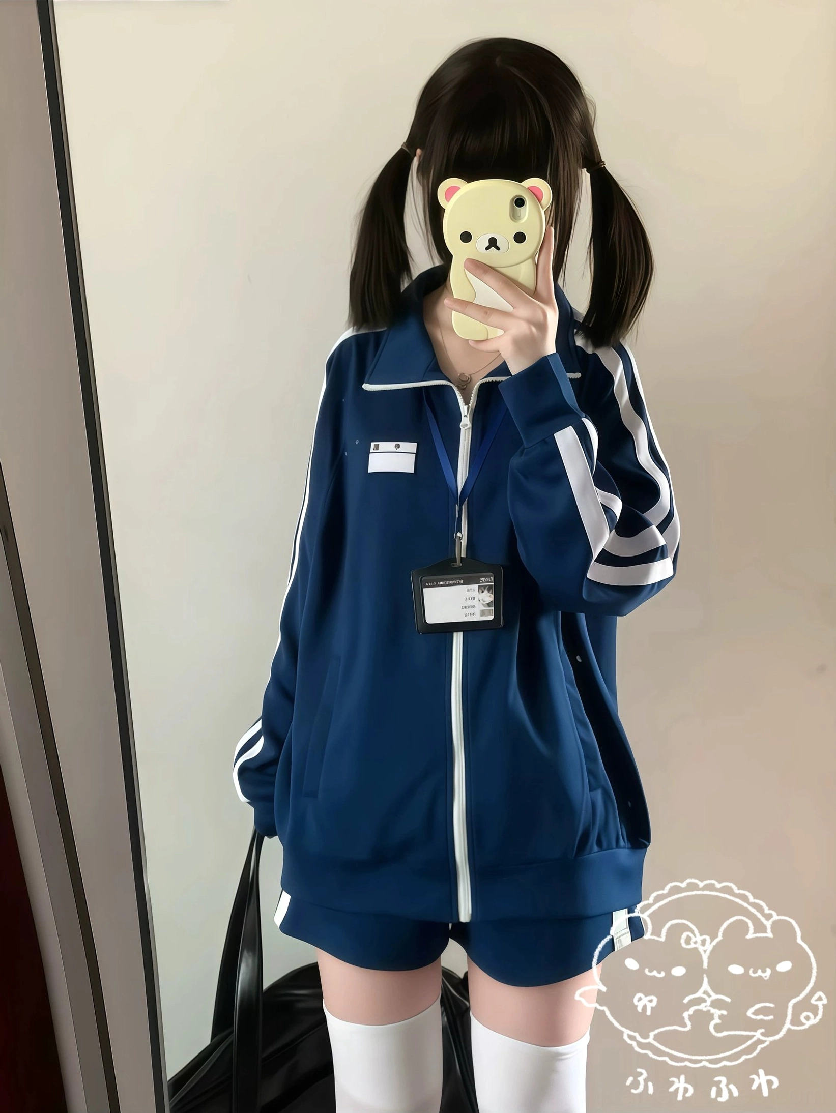 Navy Jersey Maid sports jacket with white maid-style accents and name tag patch, worn with matching white striped sleeves and white maid apron, model in white stockings and shorts, casual fitting scene