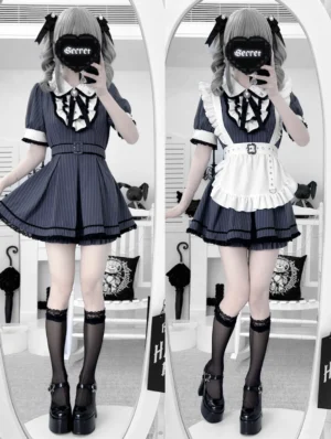 Navy striped maid Jirai Kei dress with pleated skirt and detachable apron shown in dual mirror selfie
