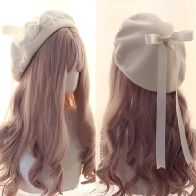 Milky off-white Lolita beret with light beige long ribbon bow and butterfly accent, front and back view on light pink wig mannequin